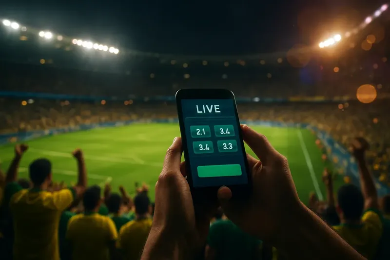 Estádio lotado à noite com celular exibindo aposta esportiva ao vivo