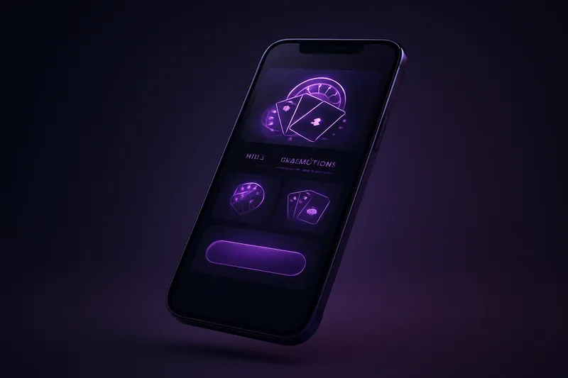 Smartphone moderno exibindo app de cassino premium com interface escura roxa
