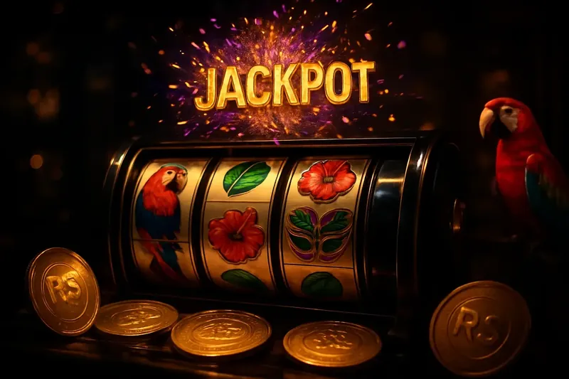 Cena vibrante de caça-níqueis brasileiro com jackpot, araras e moedas