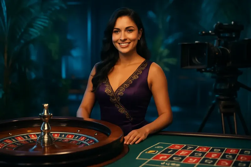 Dealer brasileira profissional em mesa de roleta com ambiente luxuoso