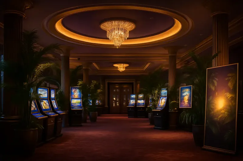 Lobby de cassino brasileiro com detalhes roxos, dourados e decoração tropical