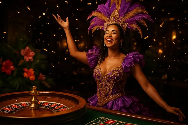 Mulher brasileira elegante celebra perto da roleta em cassino luxuoso